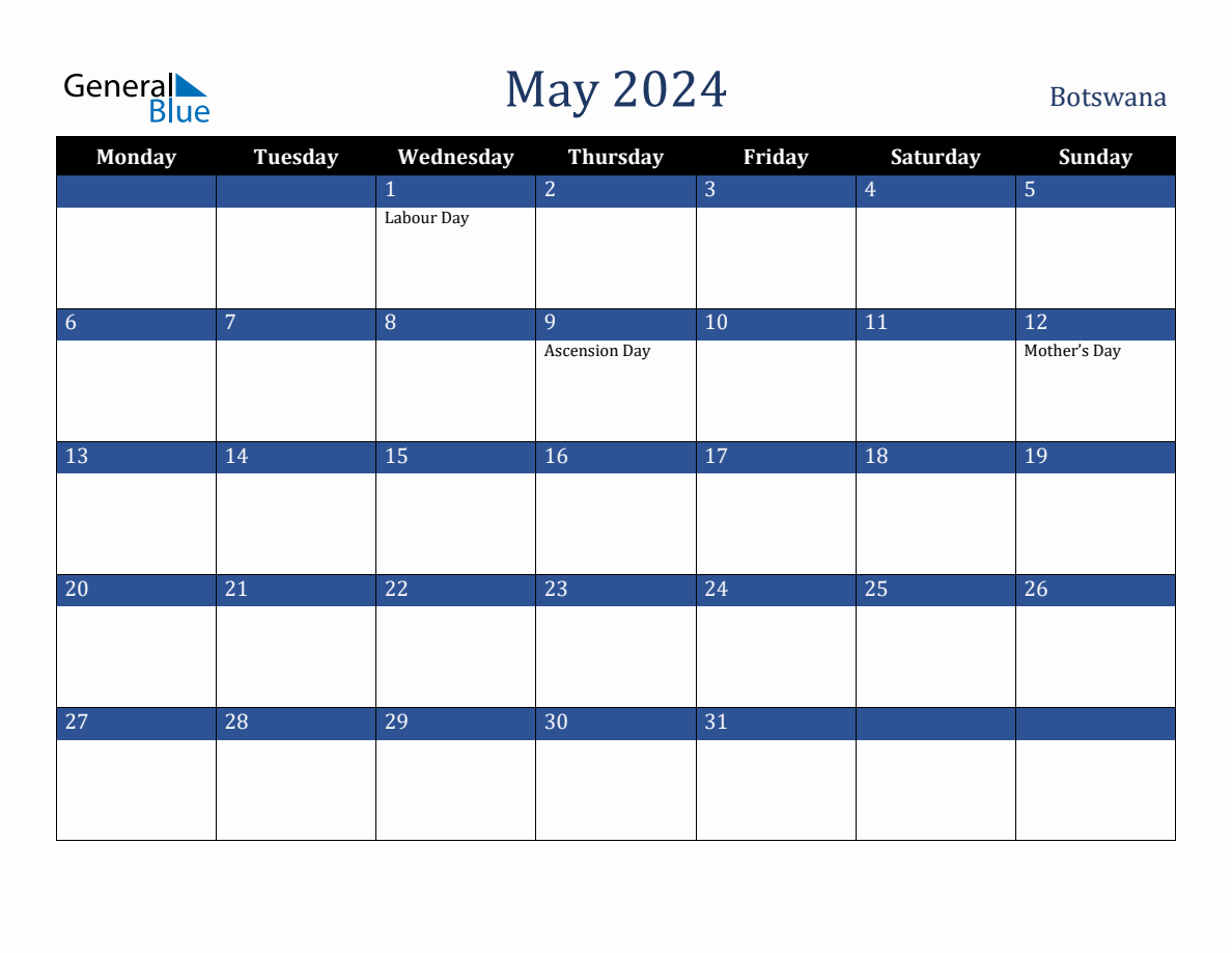 May 2024 Botswana Holiday Calendar