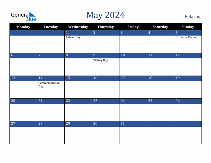 May 2024 Belarus Calendar (Monday Start)