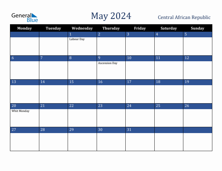 May 2024 Central African Republic Calendar (Monday Start)