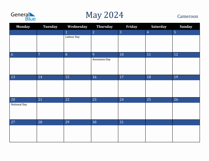 May 2024 Cameroon Calendar (Monday Start)