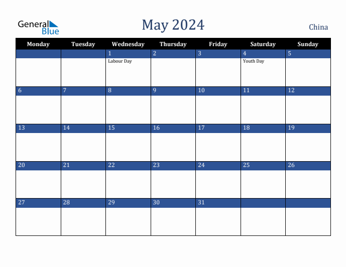 May 2024 China Monthly Calendar with Holidays