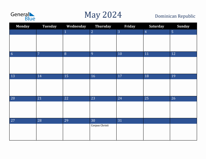 May 2024 Dominican Republic Calendar (Monday Start)