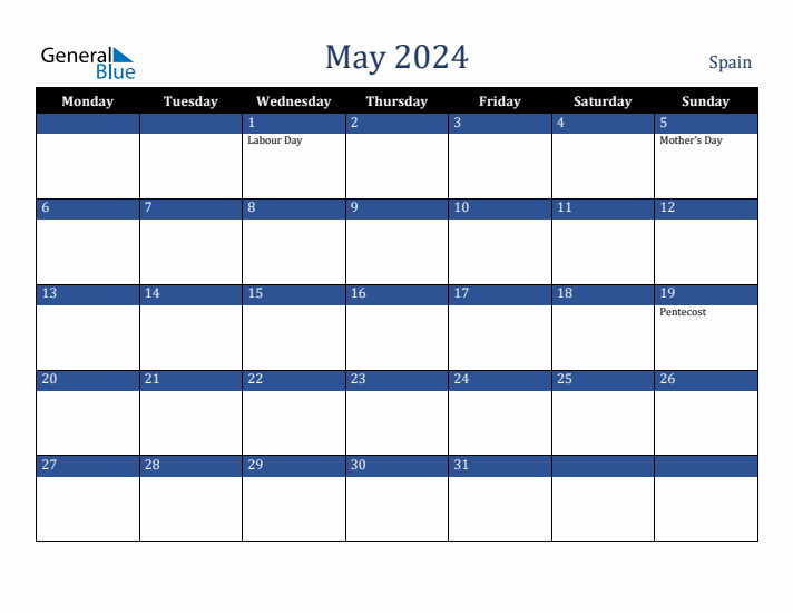 May 2024 Spain Calendar (Monday Start)