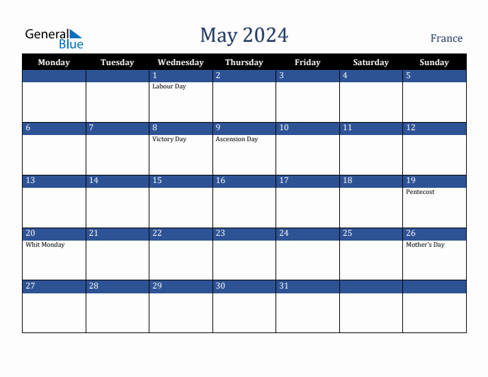 May 2024 France Calendar (Monday Start)