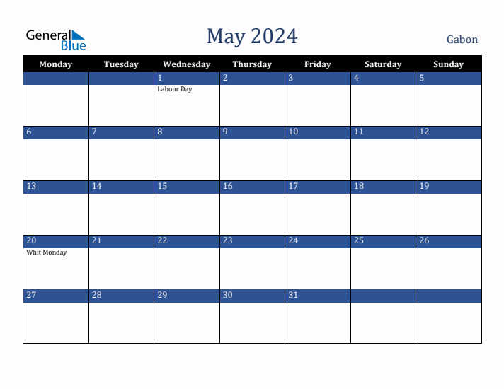 May 2024 Gabon Calendar (Monday Start)