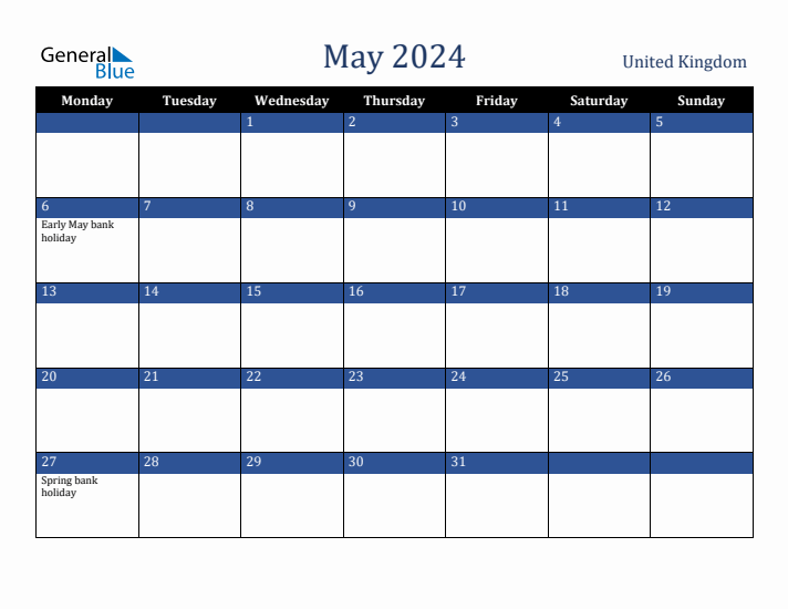 May 2024 United Kingdom Calendar (Monday Start)