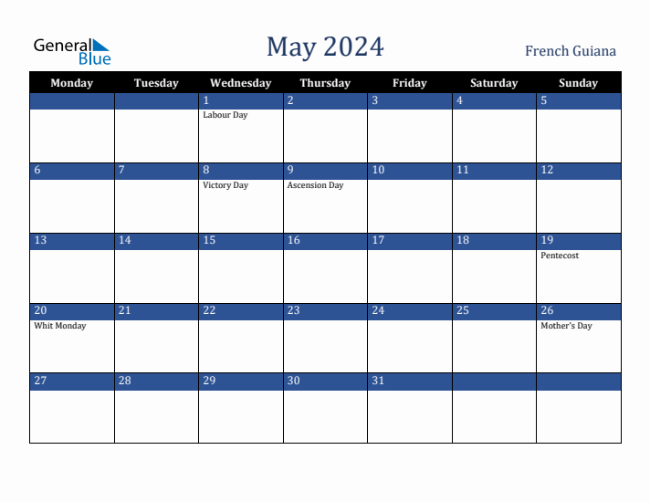 May 2024 French Guiana Calendar (Monday Start)