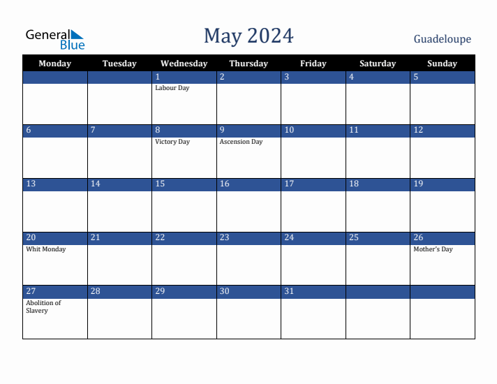 May 2024 Guadeloupe Calendar (Monday Start)