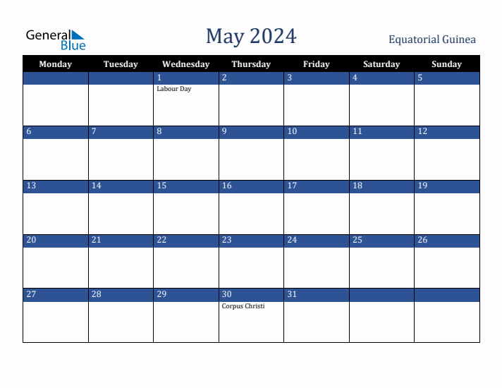 May 2024 Equatorial Guinea Calendar (Monday Start)