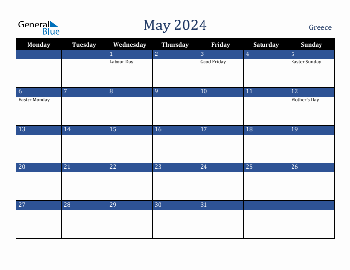 May 2024 Greece Monthly Calendar with Holidays