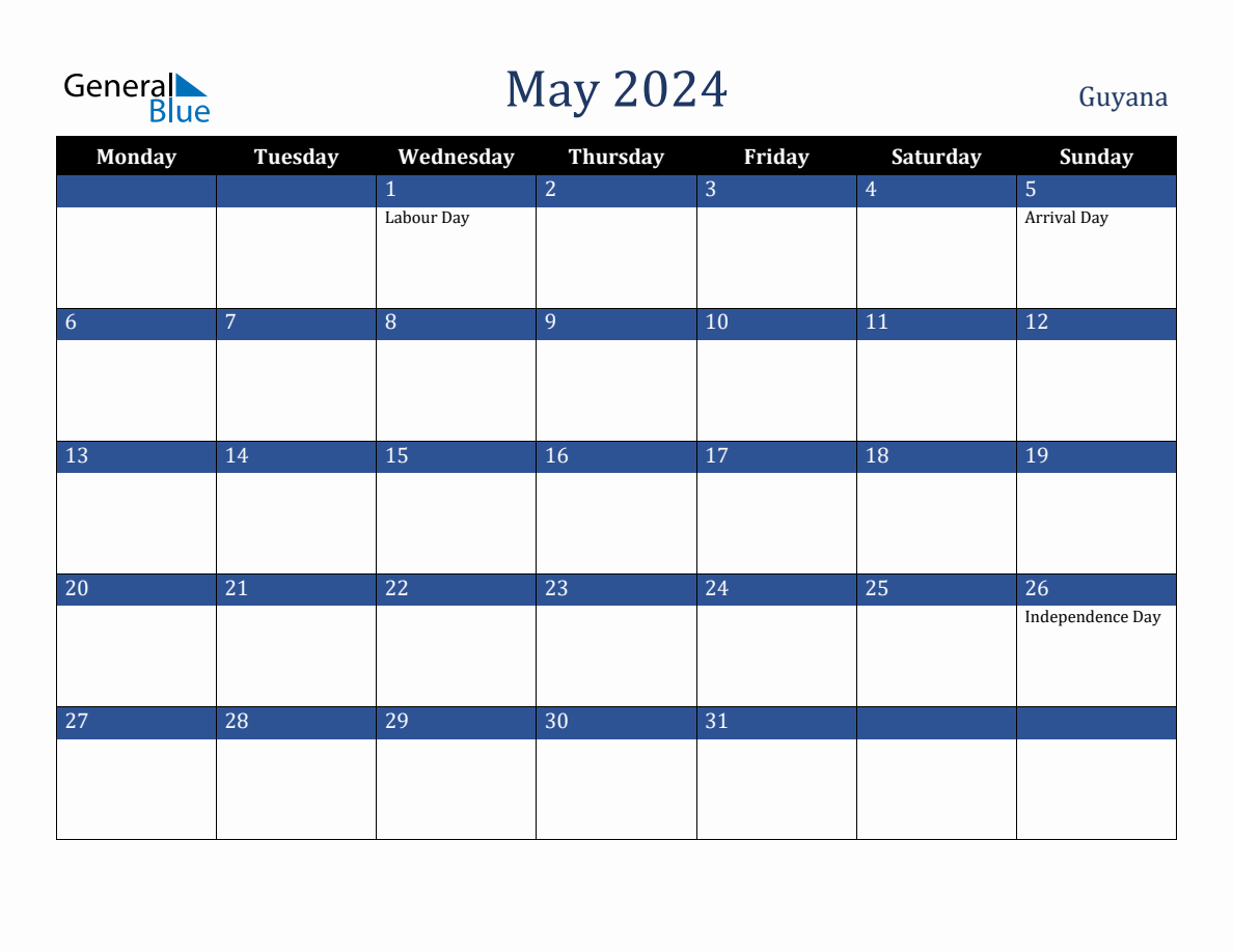 May 2024 Guyana Holiday Calendar