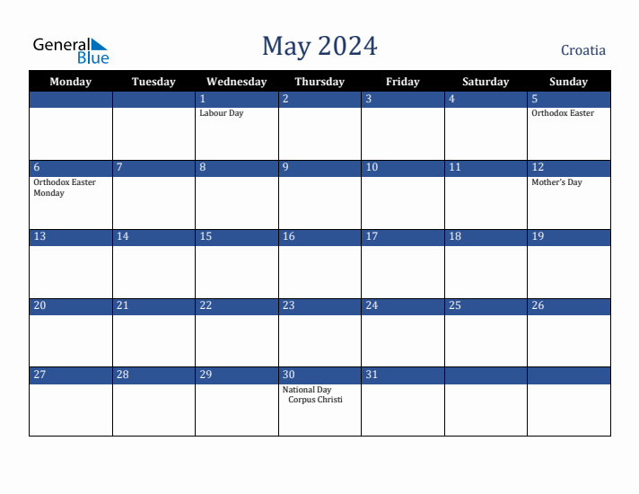 May 2024 Croatia Calendar (Monday Start)
