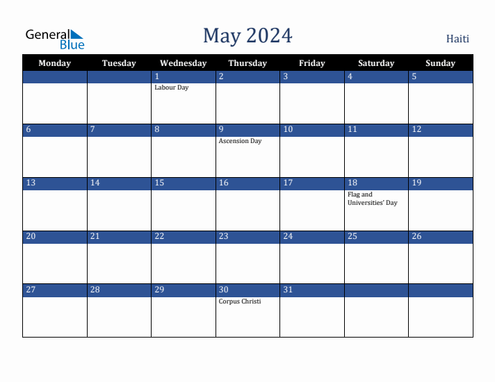 May 2024 Haiti Calendar (Monday Start)