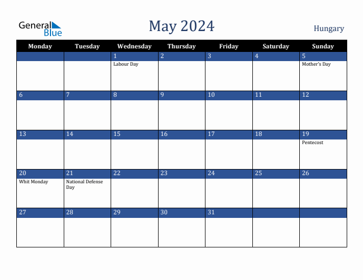 May 2024 Hungary Calendar (Monday Start)