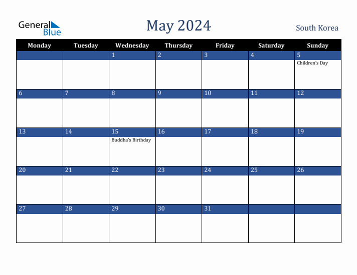 May 2024 South Korea Calendar (Monday Start)