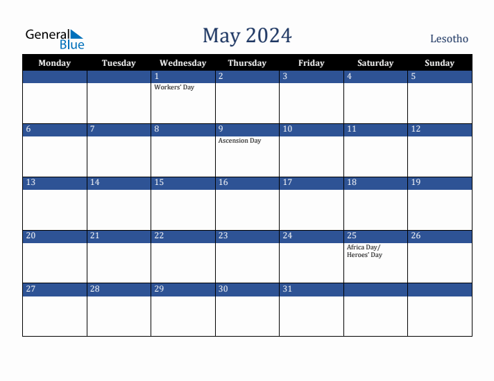 May 2024 Lesotho Calendar (Monday Start)