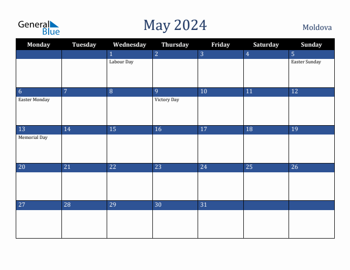 May 2024 Moldova Calendar (Monday Start)