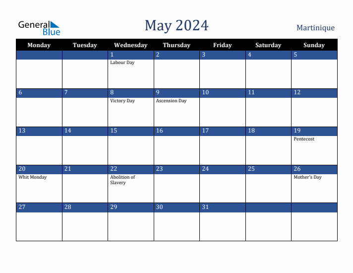 May 2024 Martinique Calendar (Monday Start)