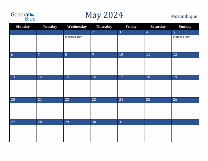May 2024 Mozambique Calendar (Monday Start)