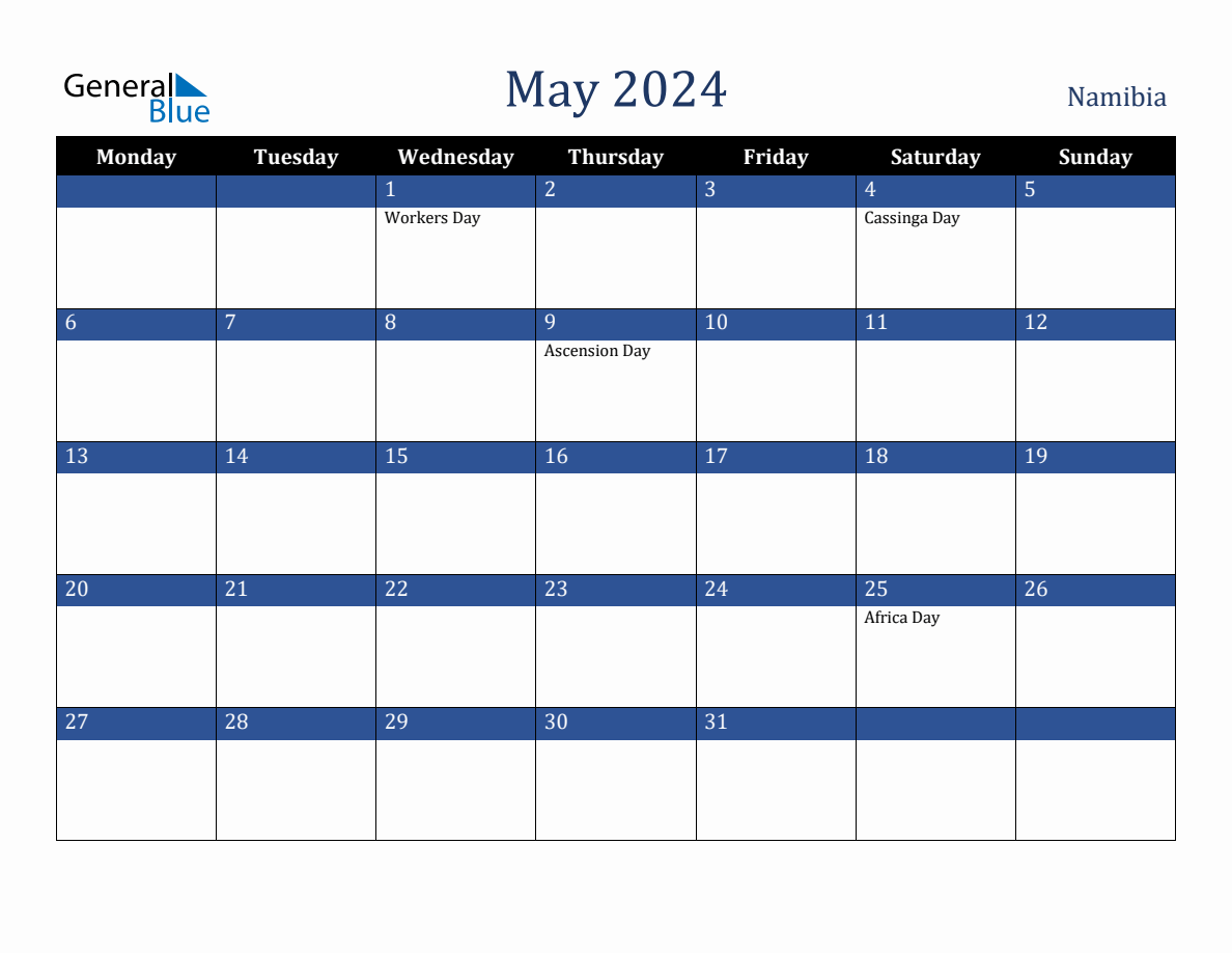 May 2024 Namibia Holiday Calendar