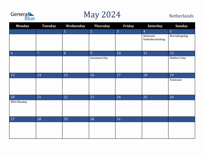 May 2024 The Netherlands Calendar (Monday Start)