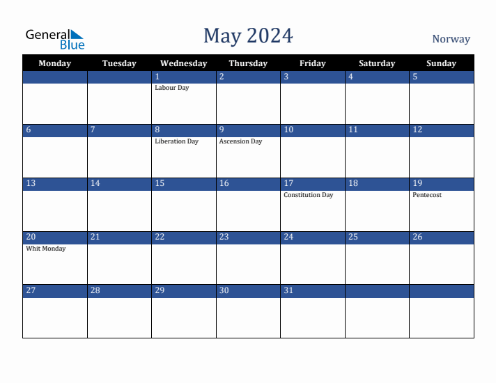 May 2024 Norway Calendar (Monday Start)
