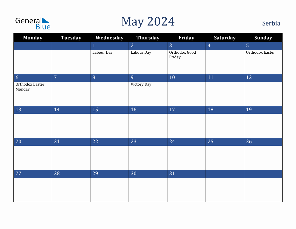 May 2024 Serbia Holiday Calendar