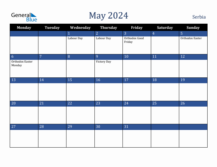 May 2024 Serbia Calendar (Monday Start)