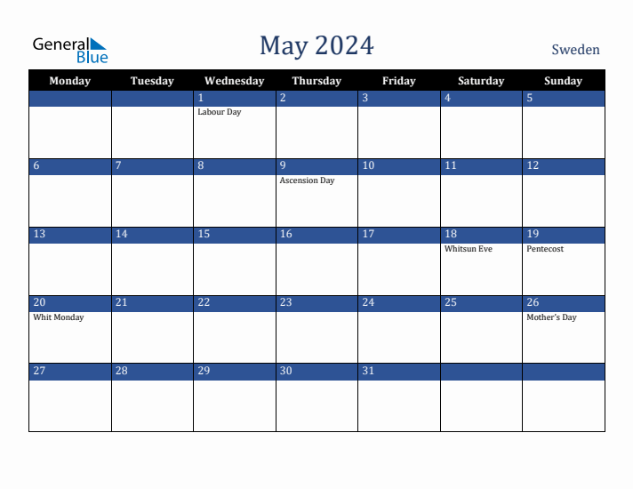 May 2024 Sweden Calendar (Monday Start)