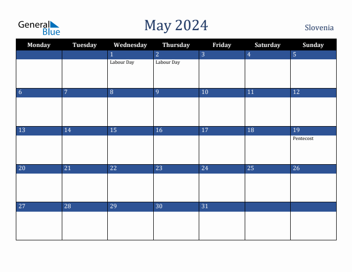 May 2024 Slovenia Calendar (Monday Start)