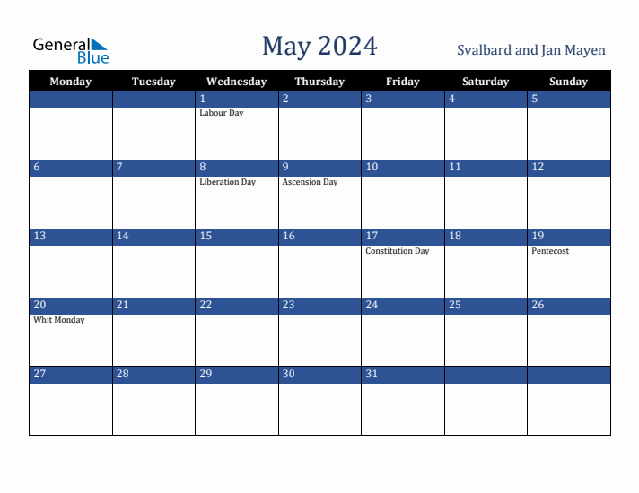 May 2024 Svalbard and Jan Mayen Calendar (Monday Start)