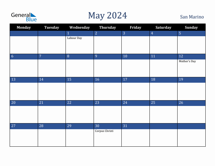 May 2024 San Marino Calendar (Monday Start)