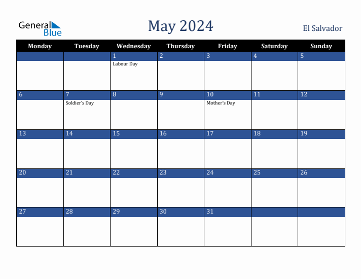 May 2024 El Salvador Calendar (Monday Start)