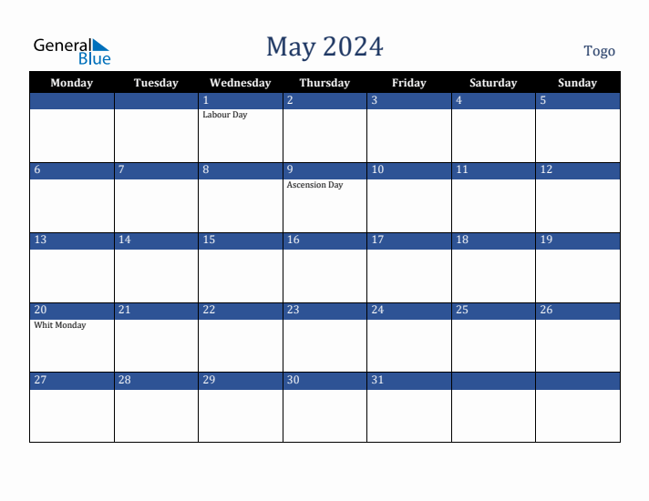 May 2024 Togo Calendar (Monday Start)