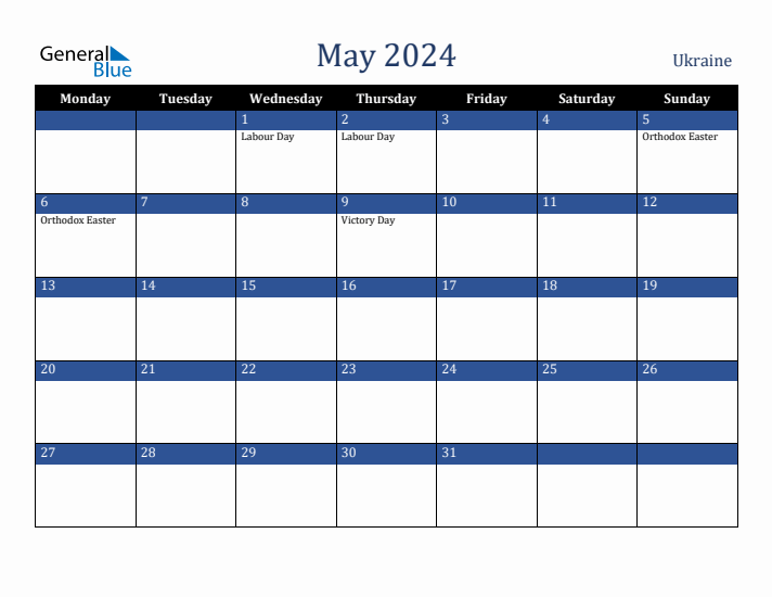 May 2024 Ukraine Calendar (Monday Start)