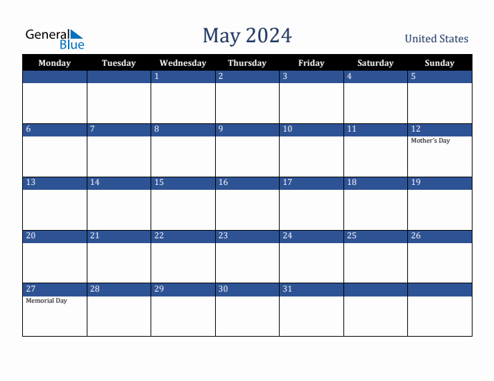 May 2024 United States Calendar (Monday Start)