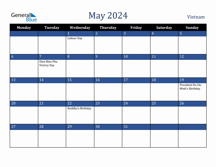 May 2024 Vietnam Calendar (Monday Start)