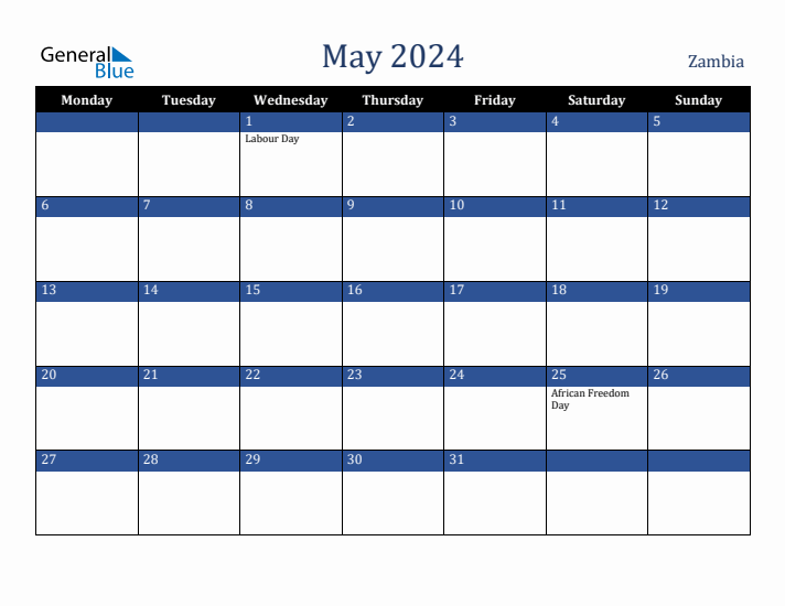 May 2024 Zambia Calendar (Monday Start)