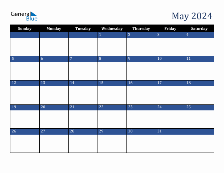 Sunday Start Calendar for May 2024