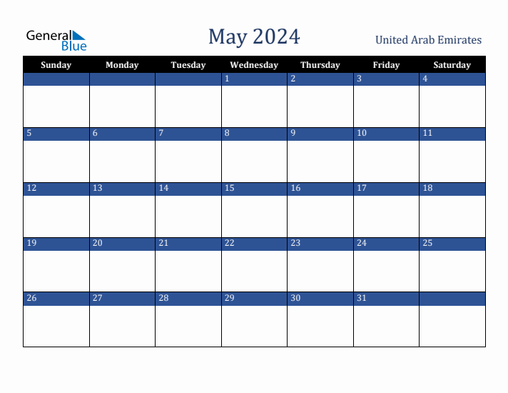 May 2024 United Arab Emirates Calendar (Sunday Start)