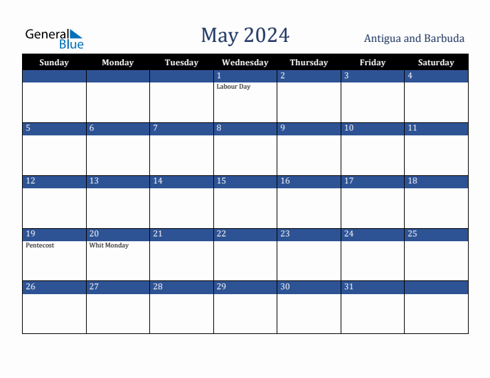 May 2024 Antigua and Barbuda Calendar (Sunday Start)