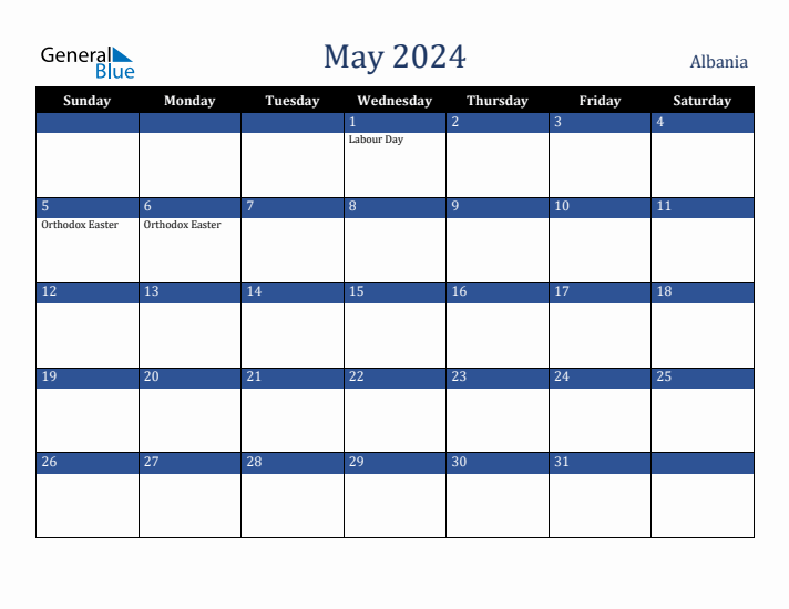 May 2024 Albania Calendar (Sunday Start)