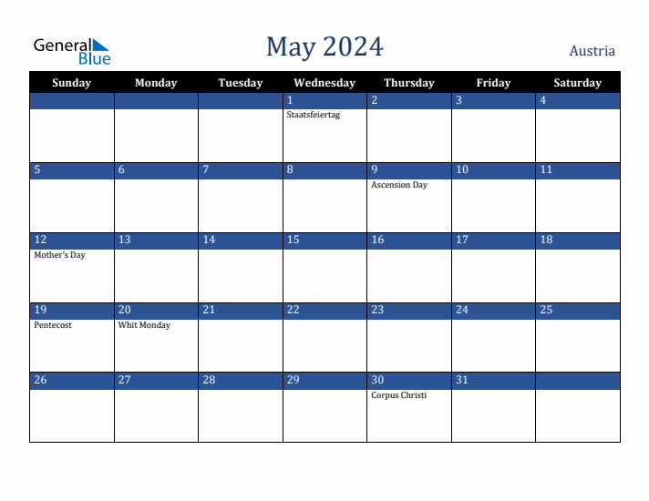 May 2024 Austria Calendar (Sunday Start)