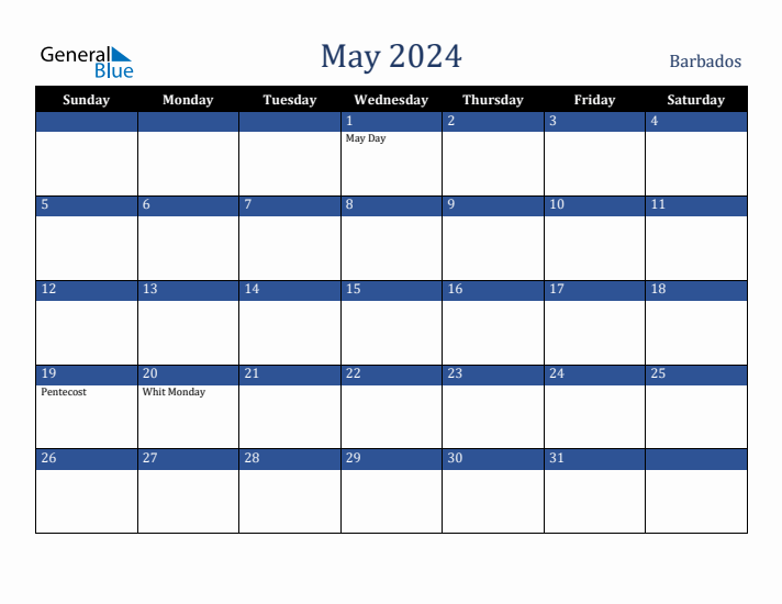 May 2024 Barbados Calendar (Sunday Start)