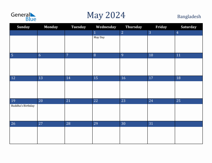 May 2024 Bangladesh Calendar (Sunday Start)