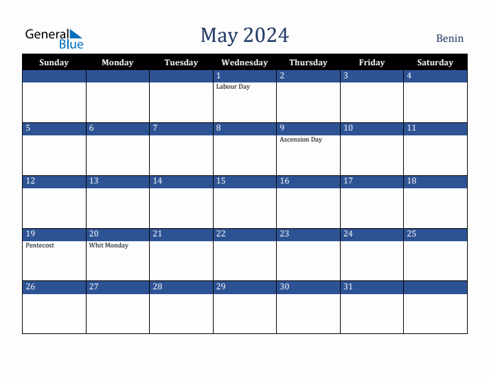 May 2024 Benin Calendar (Sunday Start)