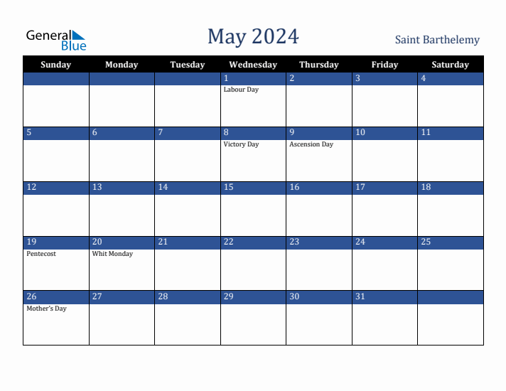 May 2024 Saint Barthelemy Calendar (Sunday Start)