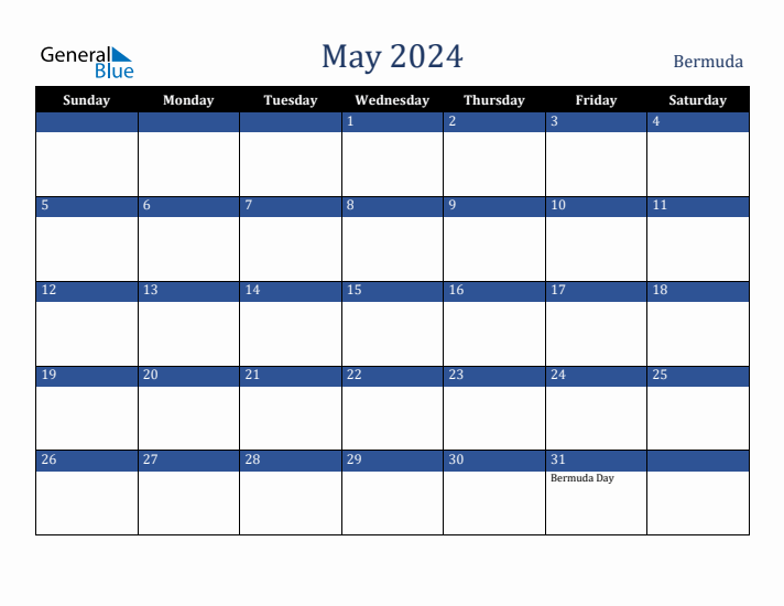 May 2024 Bermuda Calendar (Sunday Start)