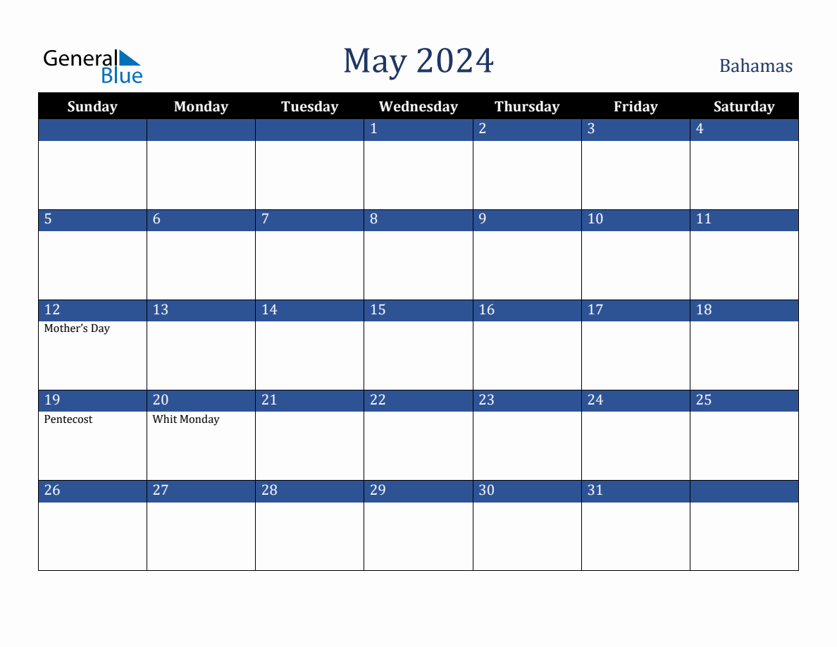 May 2024 Bahamas Holiday Calendar