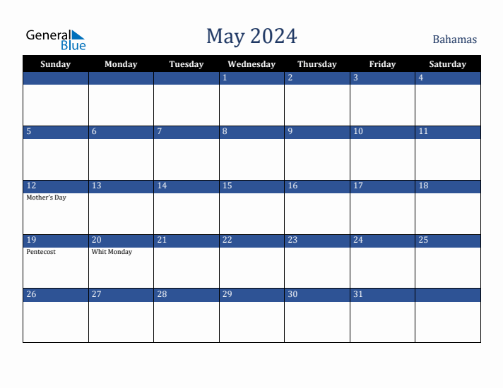 May 2024 Bahamas Calendar (Sunday Start)